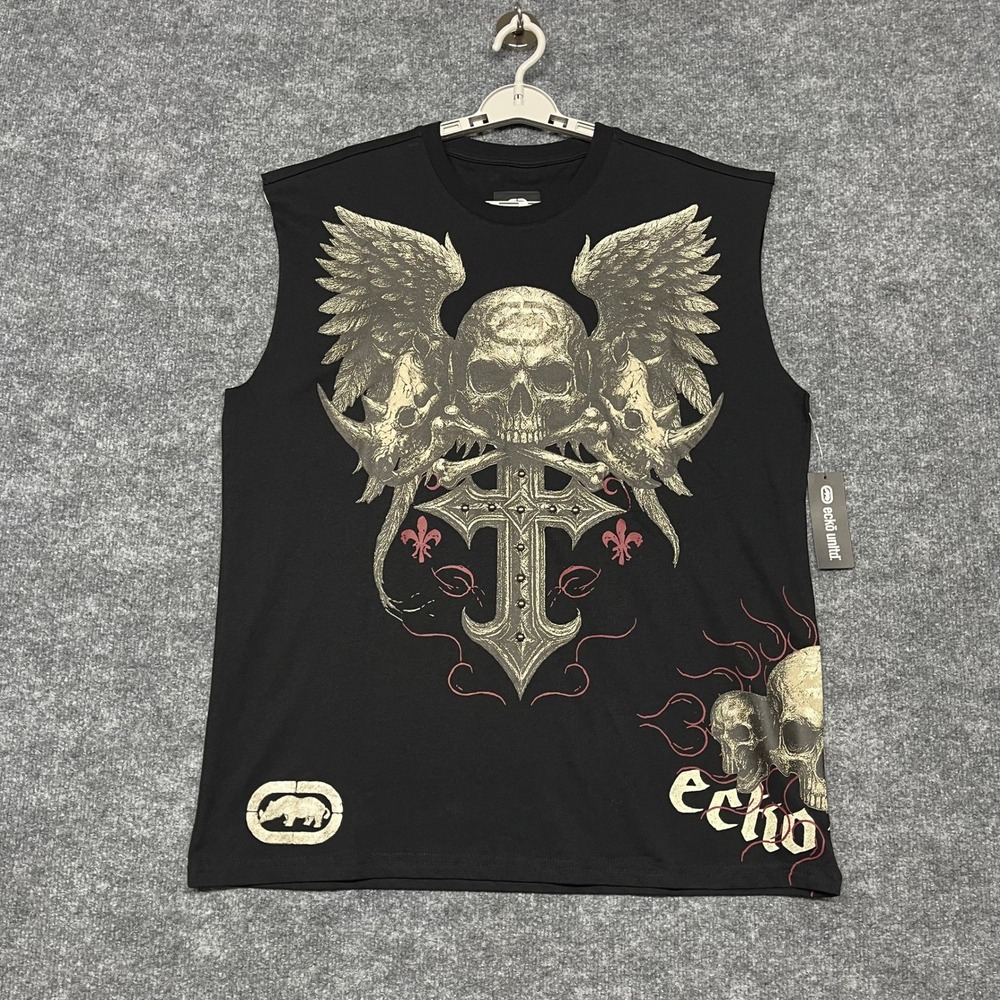 Ecko Unltd Shirt Mens Large Black Skull Winged Cross Side Print Sleeveless Tee